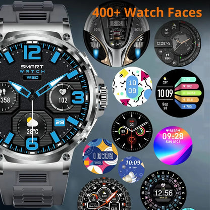 Smartwatch with various colorful watch faces displayed on a gray background