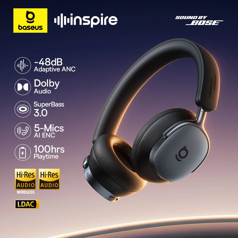 Black headphones with BoseInspire branding and feature highlights on a gradient background