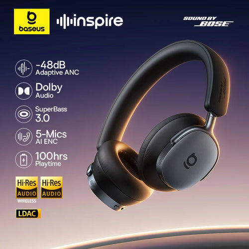 Black headphones with BoseInspire branding and feature highlights on a gradient background