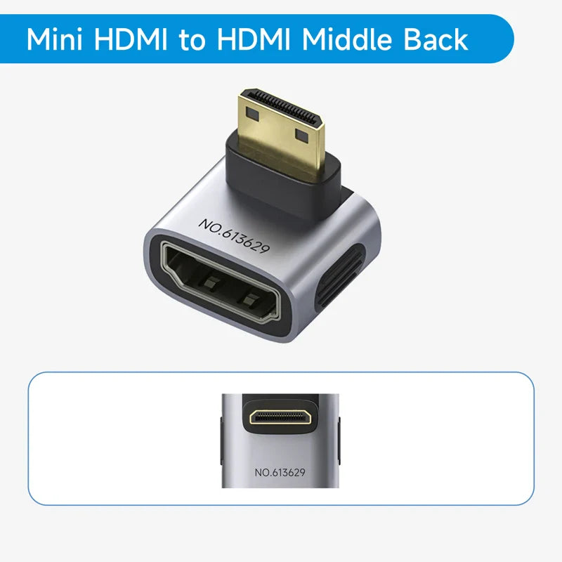 Mini HDMI to HDMI adapter on a white background with text indicating type.