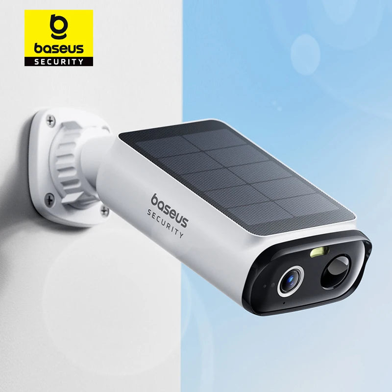 Baseus security camera with solar panel on a light blue background