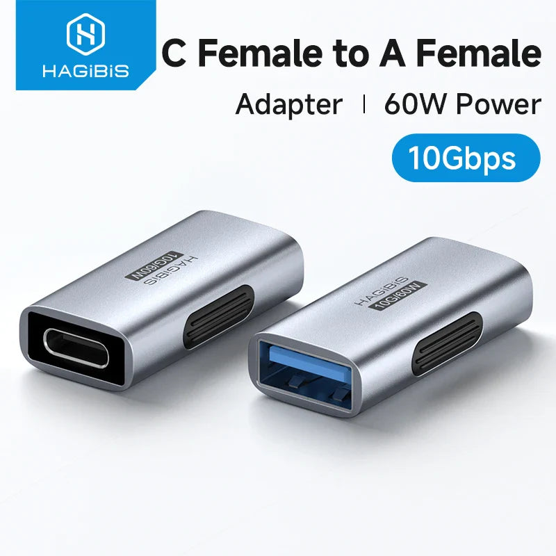 HAGIBIS USB-C female to USB-A female adapter with 60W power and 10Gbps speed on a white background.