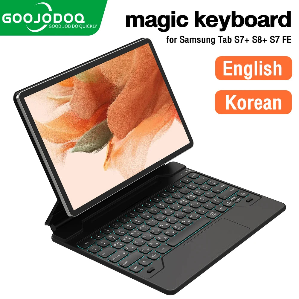 The image shows a promotional graphic for a black Magic Keyboard Case designed for Samsung Galaxy 12.4 inch tablets.