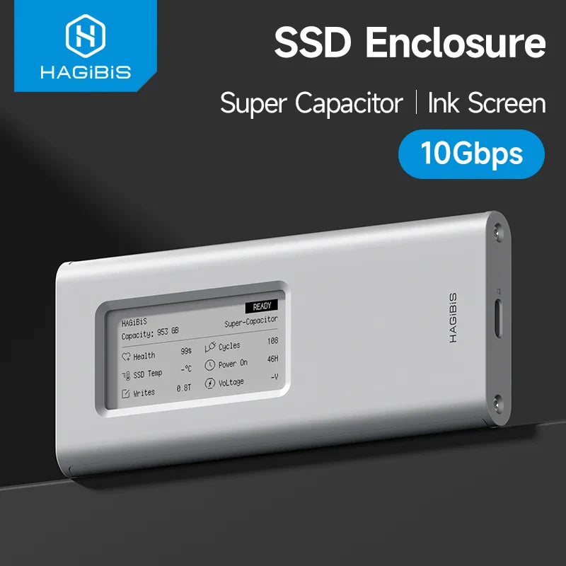 SSD enclosure with digital display on a dark background, featuring the Hagibis brand.