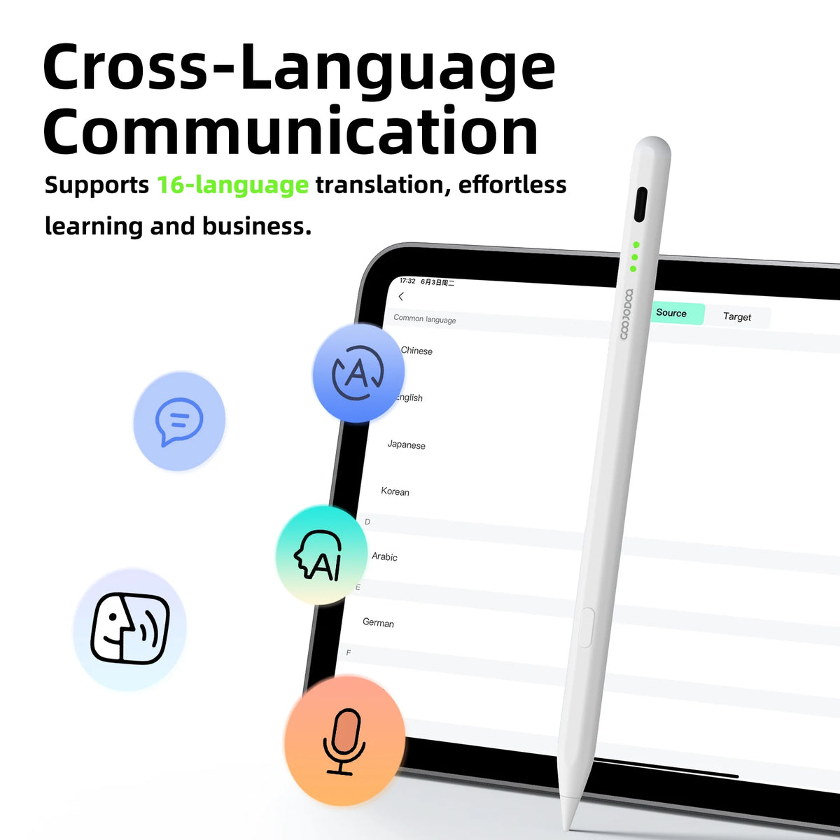 Translating device with language selection icons on a screen, promoting cross-language communication.