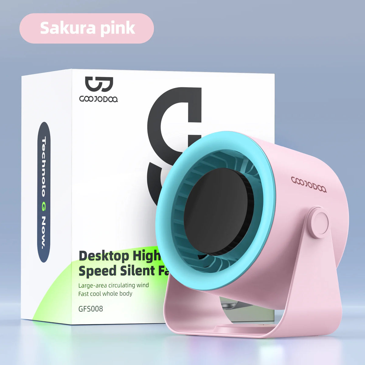 Pink and teal desktop fan with COOJODQA branding and packaging on a light blue background.