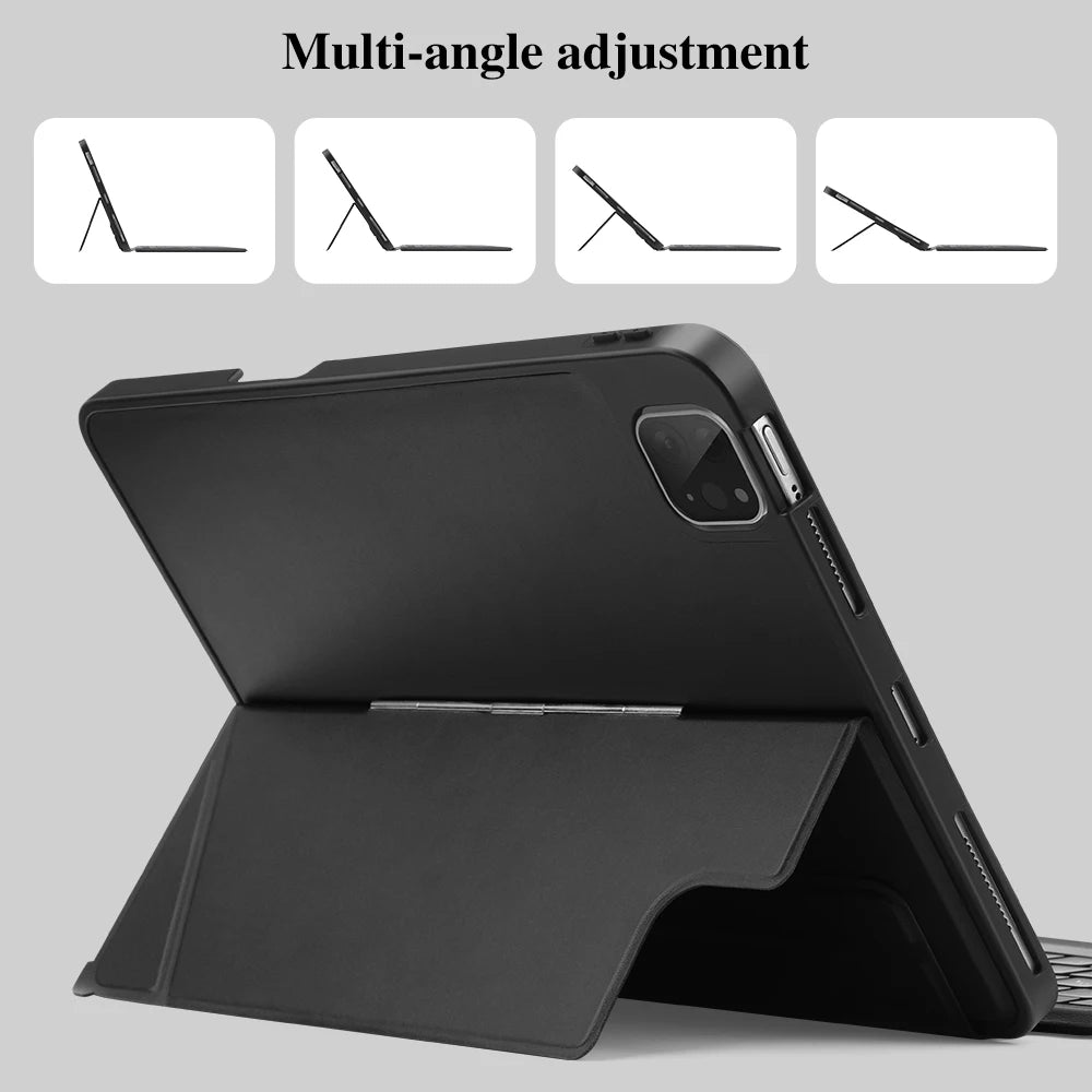 Black tablet case with multi-angle adjustment feature on a gray background.