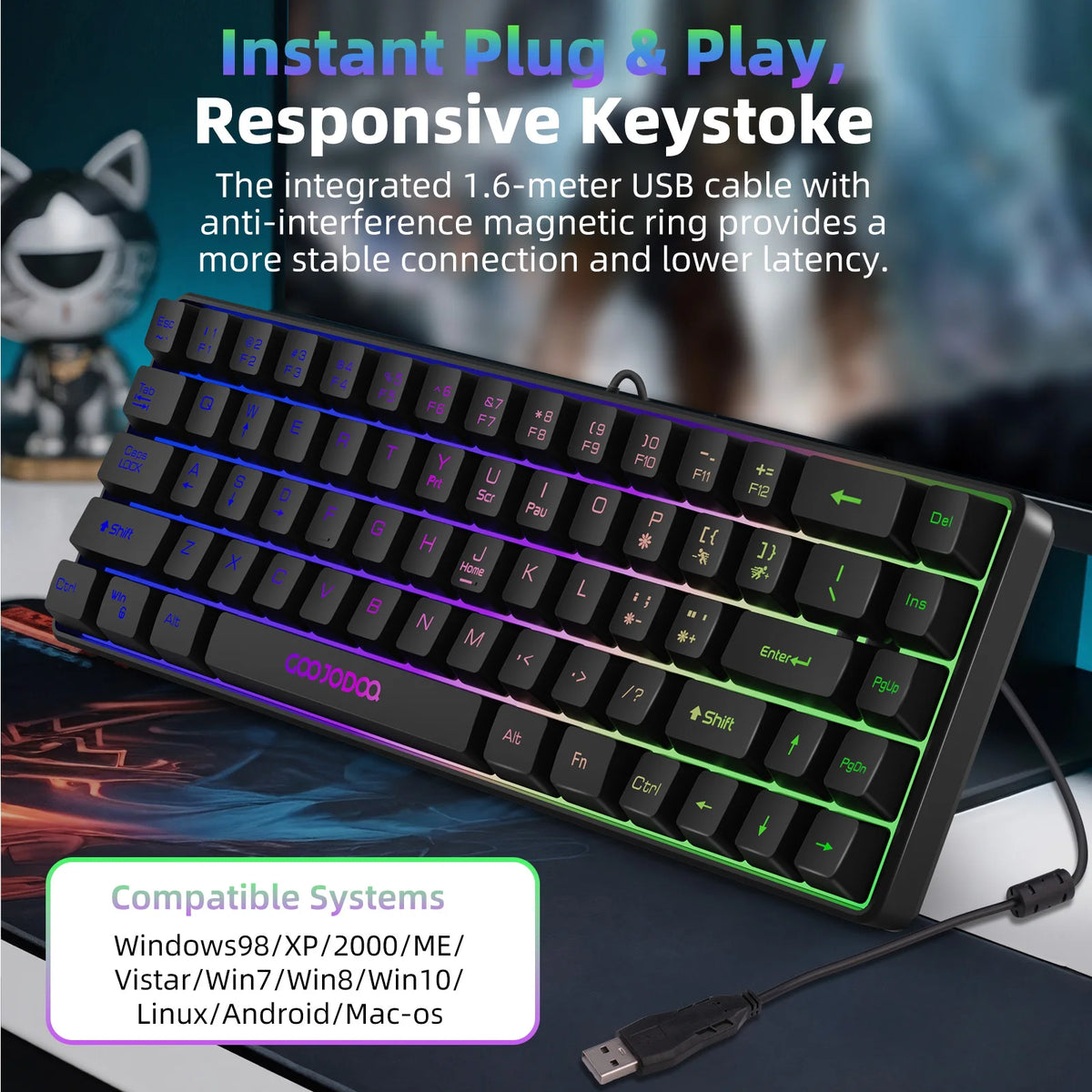 Mechanical keyboard with RGB lighting on a blurred background
