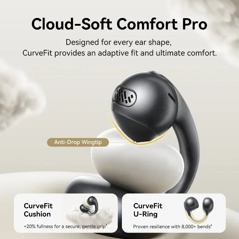 Black and white earbud with 'Cloud-Soft Comfort Pro' text on a light background