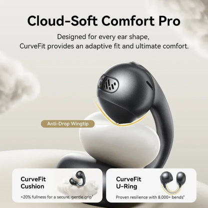 Black and white earbud with 'Cloud-Soft Comfort Pro' text on a light background