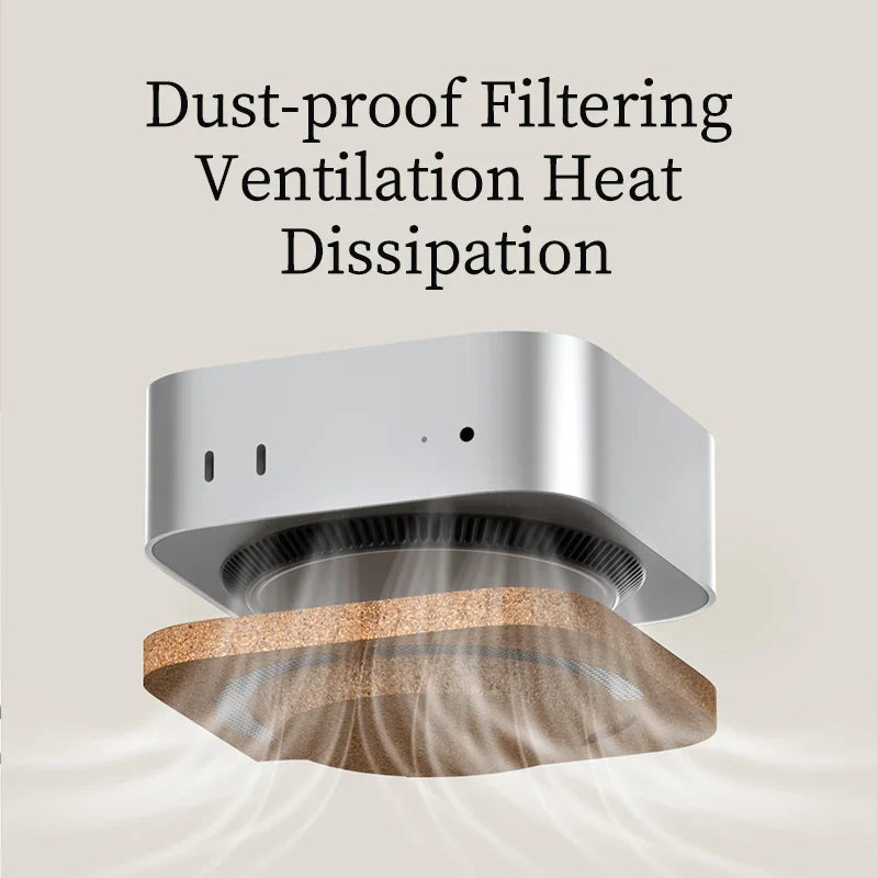 Ventilation system with text 'Dust-proof Filtering Ventilation Heat Dissipation' on a light background
