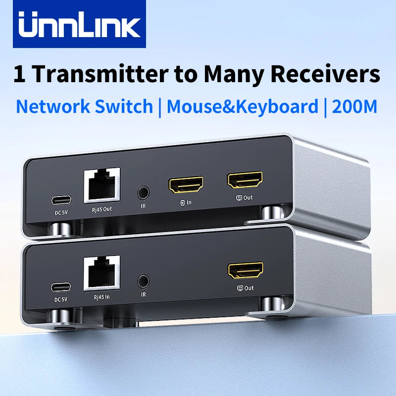 UnnLink network switch with two ports on a light blue background