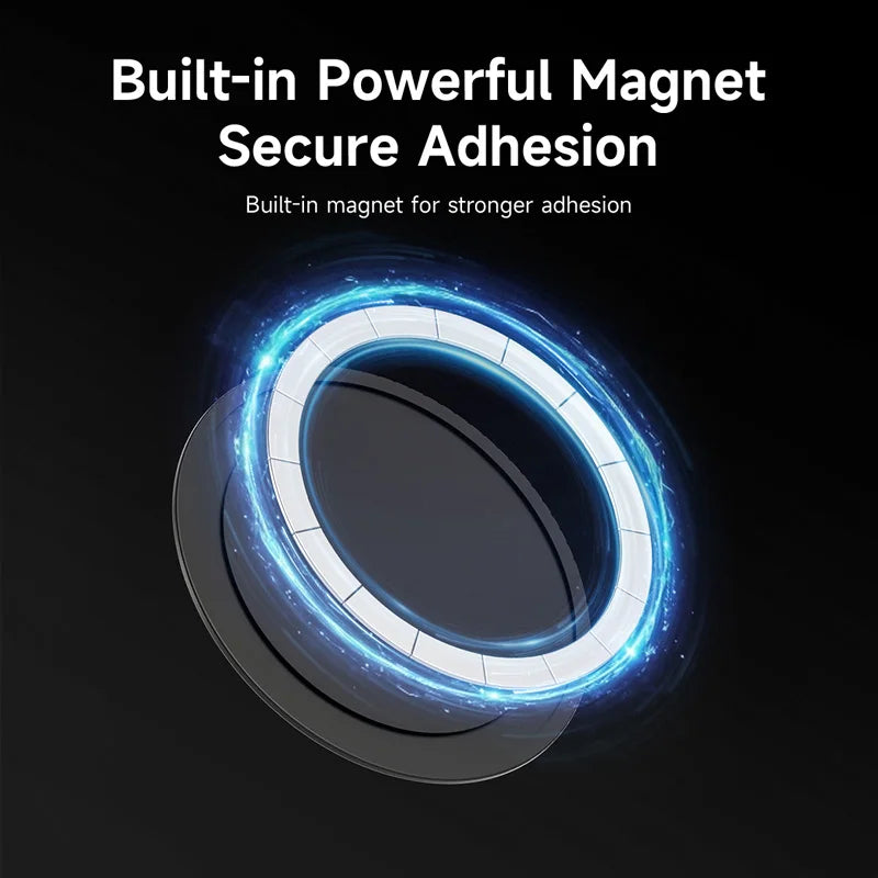Circular adhesive product with a built-in magnet on a black background