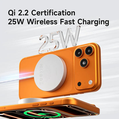 Orange smartphone with wireless charging pad and '25W' text on a white background