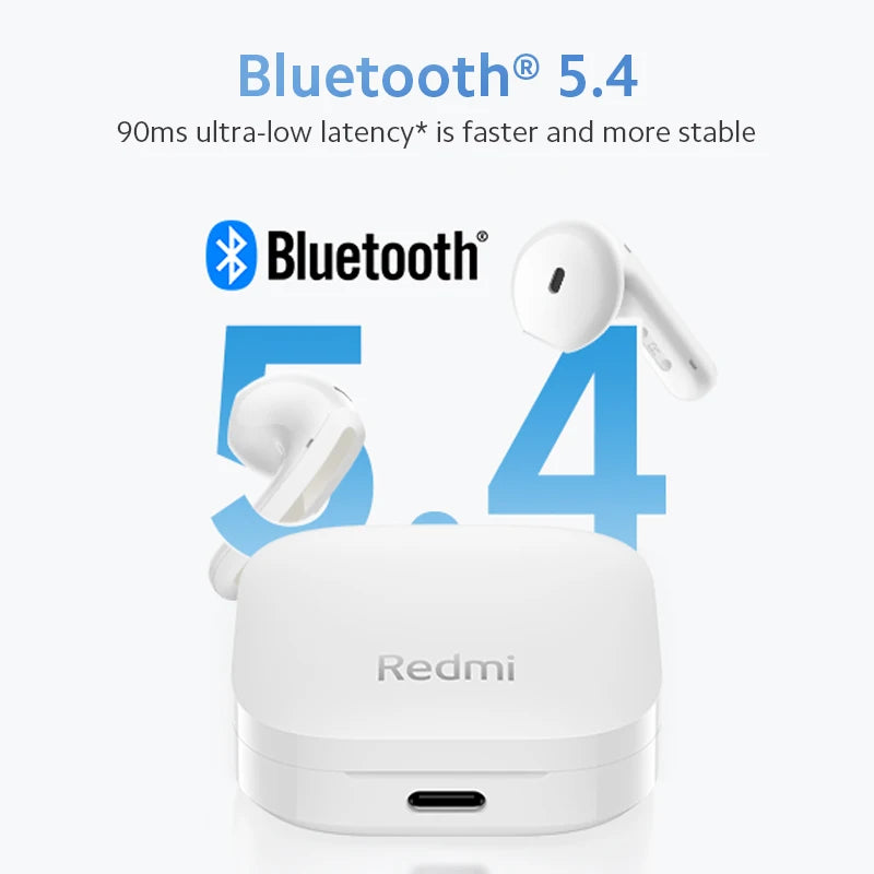 White wireless earbuds with Redmi branding and Bluetooth 5.4 text on a light gray background