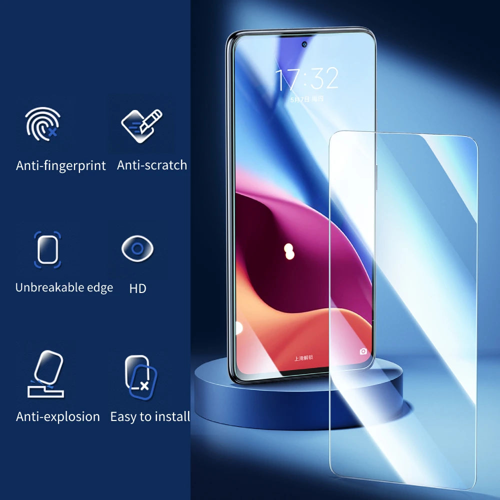 Smartphone with a transparent screen protector on a blue background with feature icons.