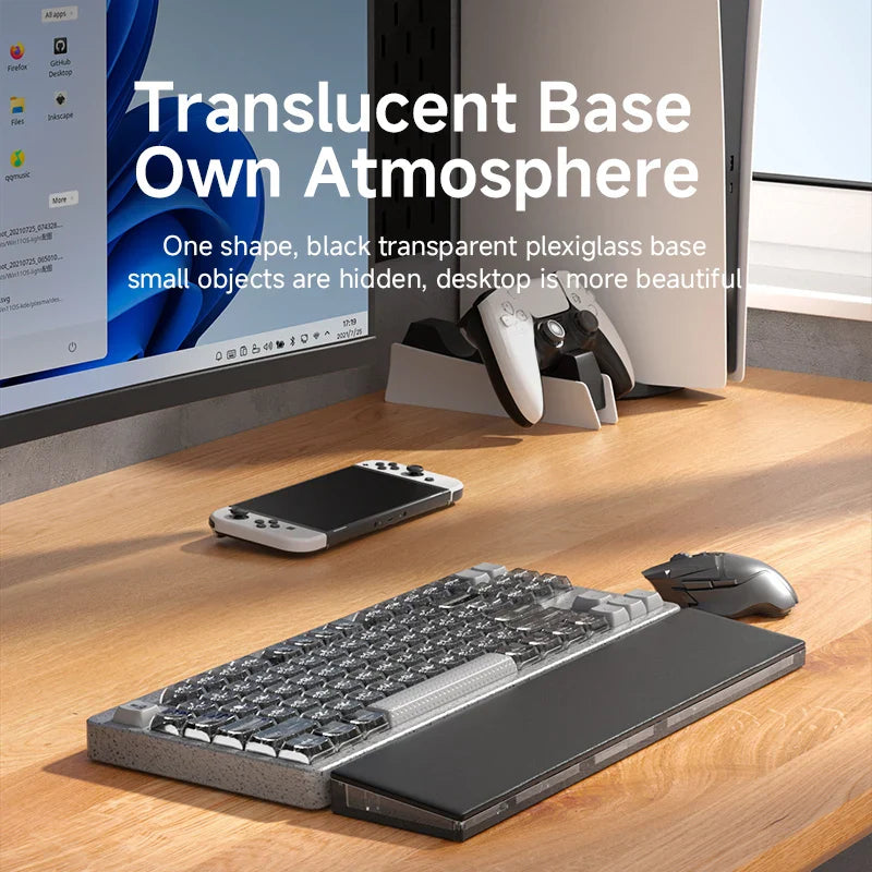 Computer setup with a transparent base on a desk, featuring a monitor, keyboard, mouse, and smartphone.