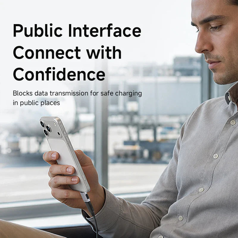 Man holding a smartphone with text about public interface safety features