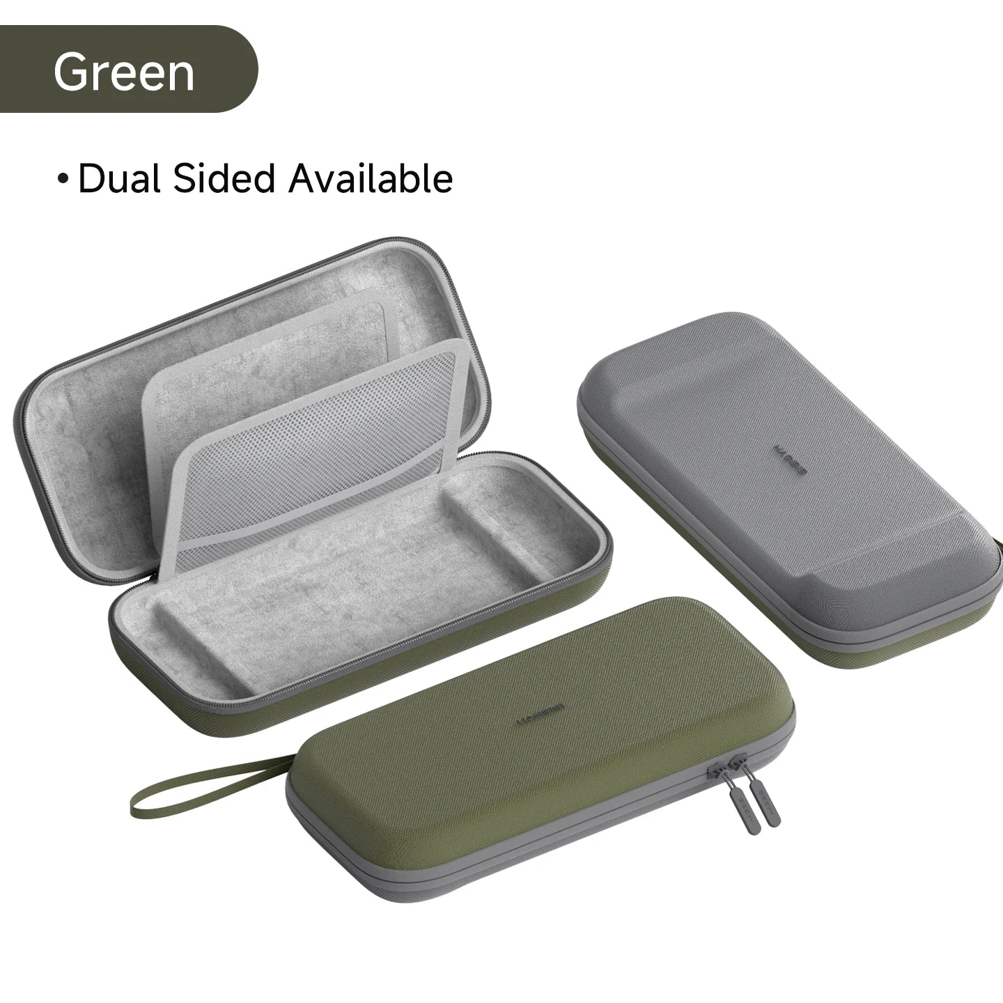 Green and gray carrying cases with dual-sided option on a white background