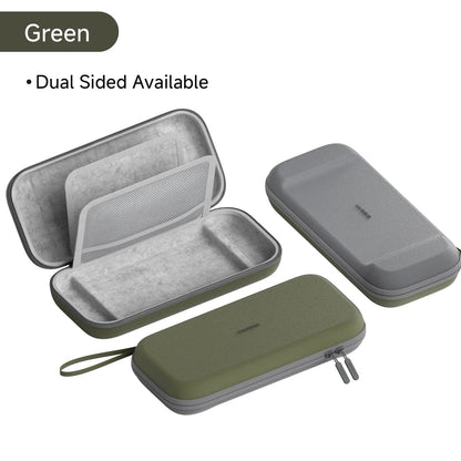 Green and gray carrying cases with dual-sided option on a white background