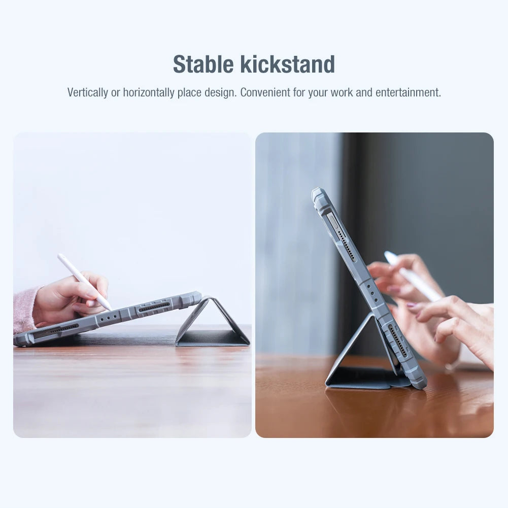 Tablet with a stable kickstand on a desk, shown from two angles.