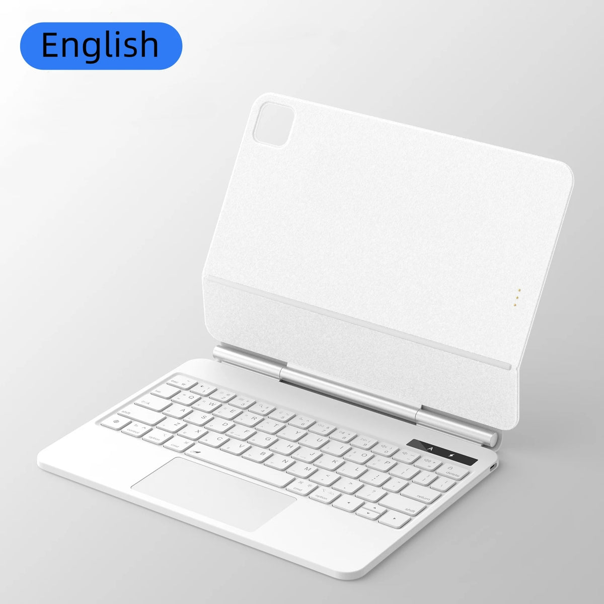 White laptop on a gray background with 'English' label