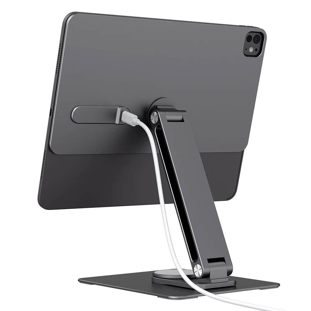 Tablet stand holding a tablet device on a white background