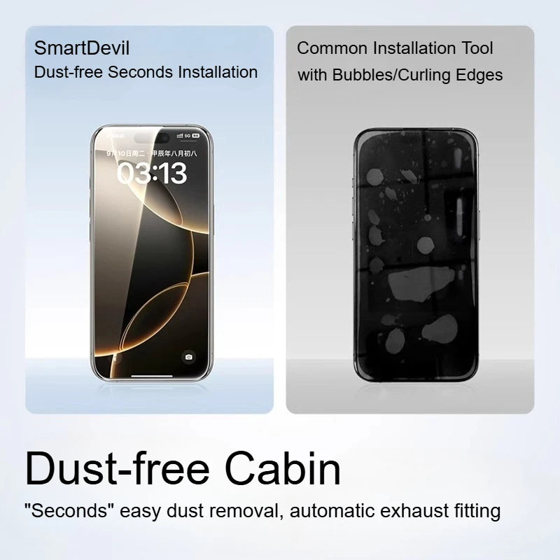 Smartphone with screen protector and installation tool on a light gray background