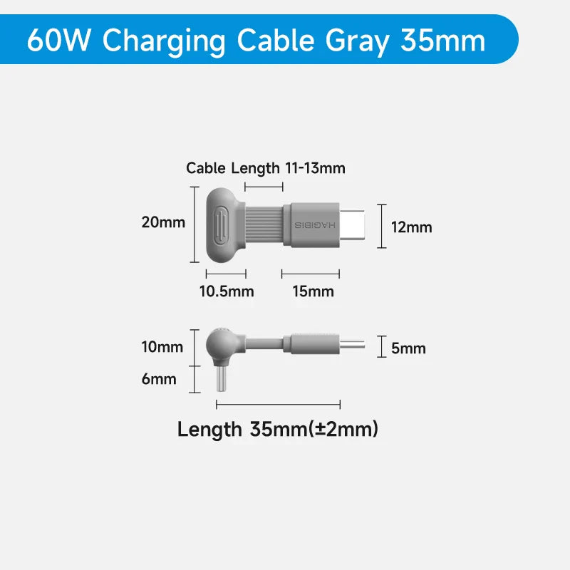 60W charging cable gray 35mm with measurements on a white background