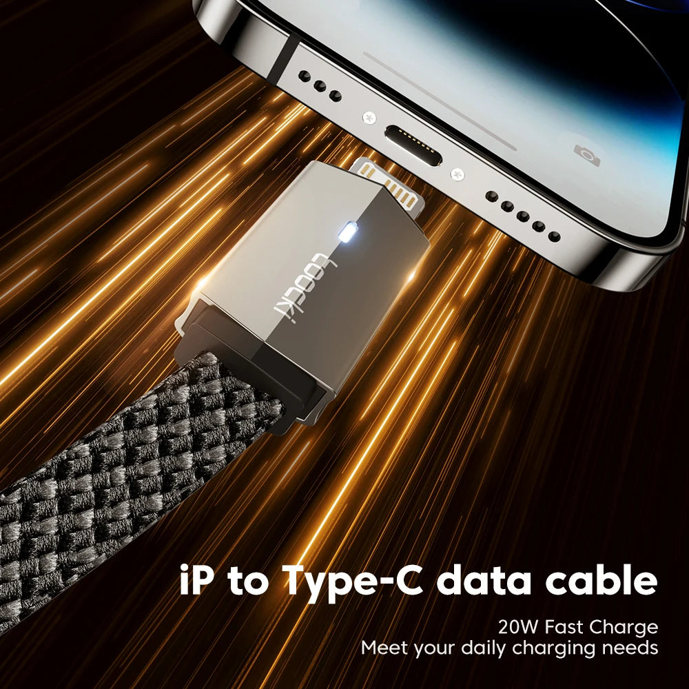 IP to Type-C data cable being used with a smartphone on a dark background