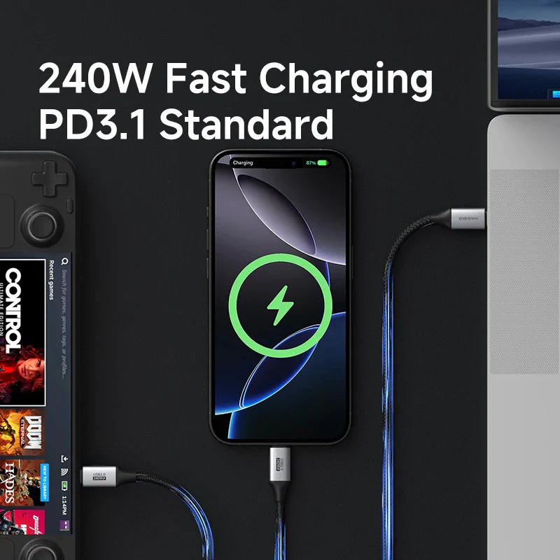 Phone with charging cable and text '240W Fast Charging PD3.1 Standard' on a dark background