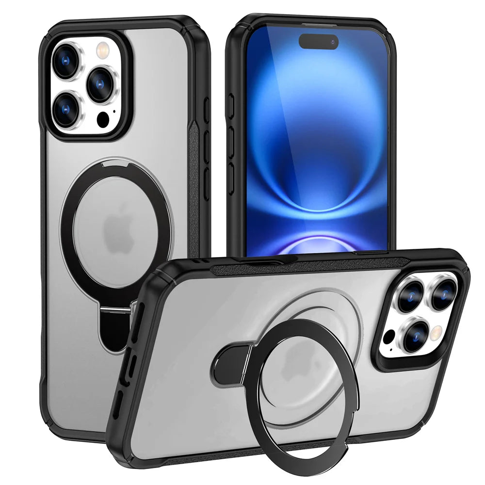 Phone case with ring holder and clear back on a white background