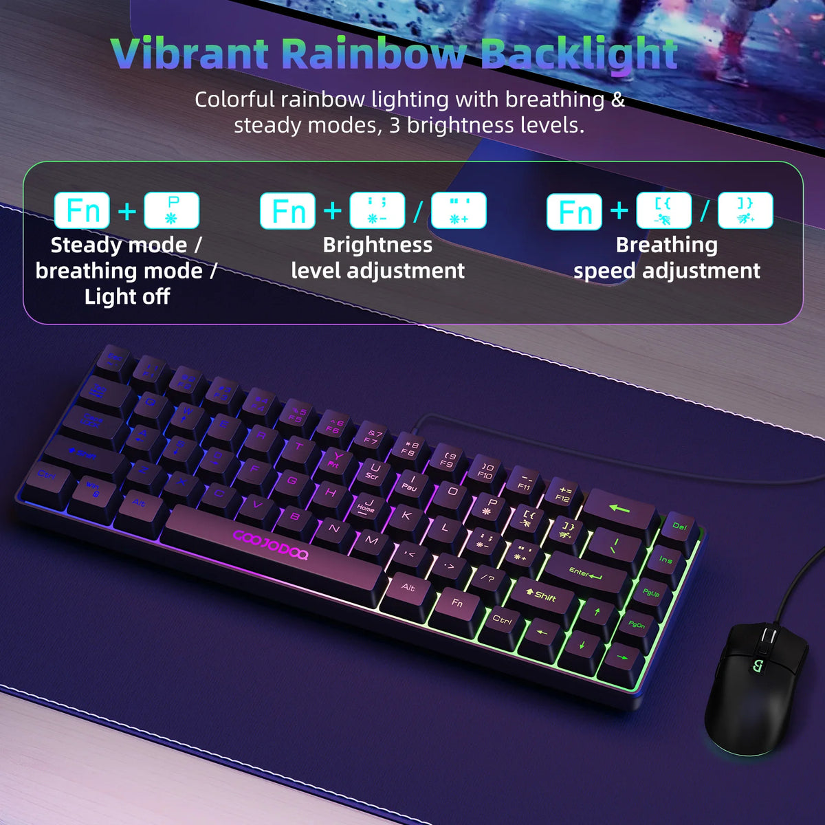 Mechanical keyboard with RGB lighting on a dark surface, featuring text about lighting modes.