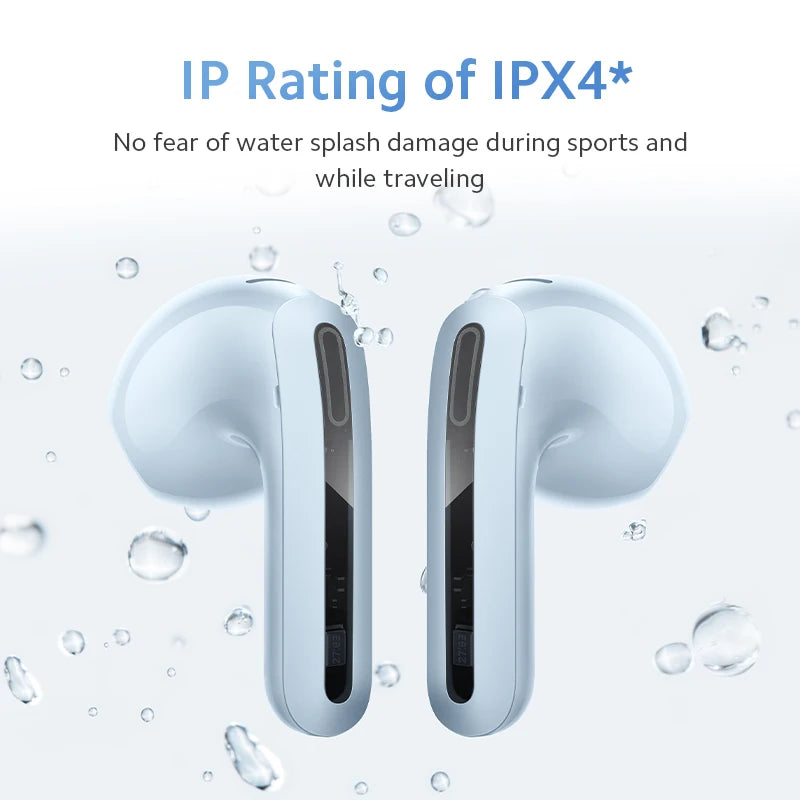 White wireless earbuds with water droplets and text about IPX4 rating on a light blue background