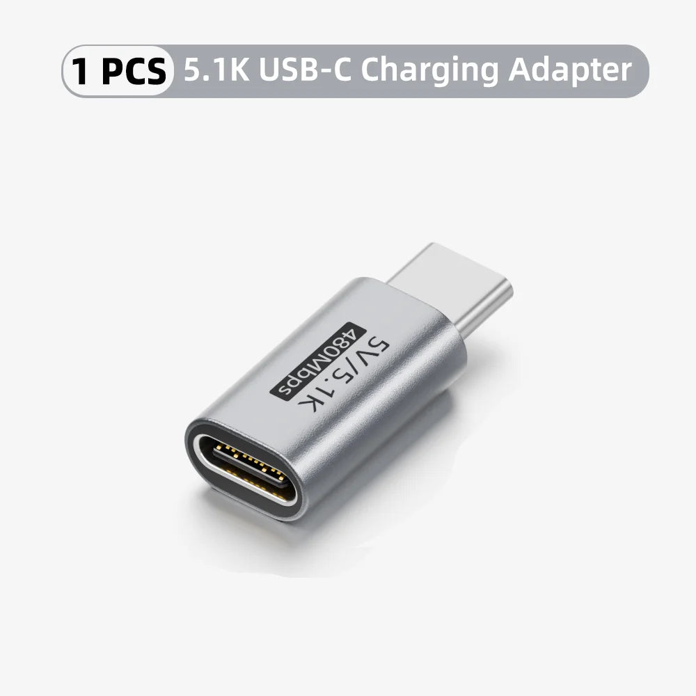 Silver USB-C charging adapter on a white background with text indicating '1 PCS 5.1K USB-C Charging Adapter'.