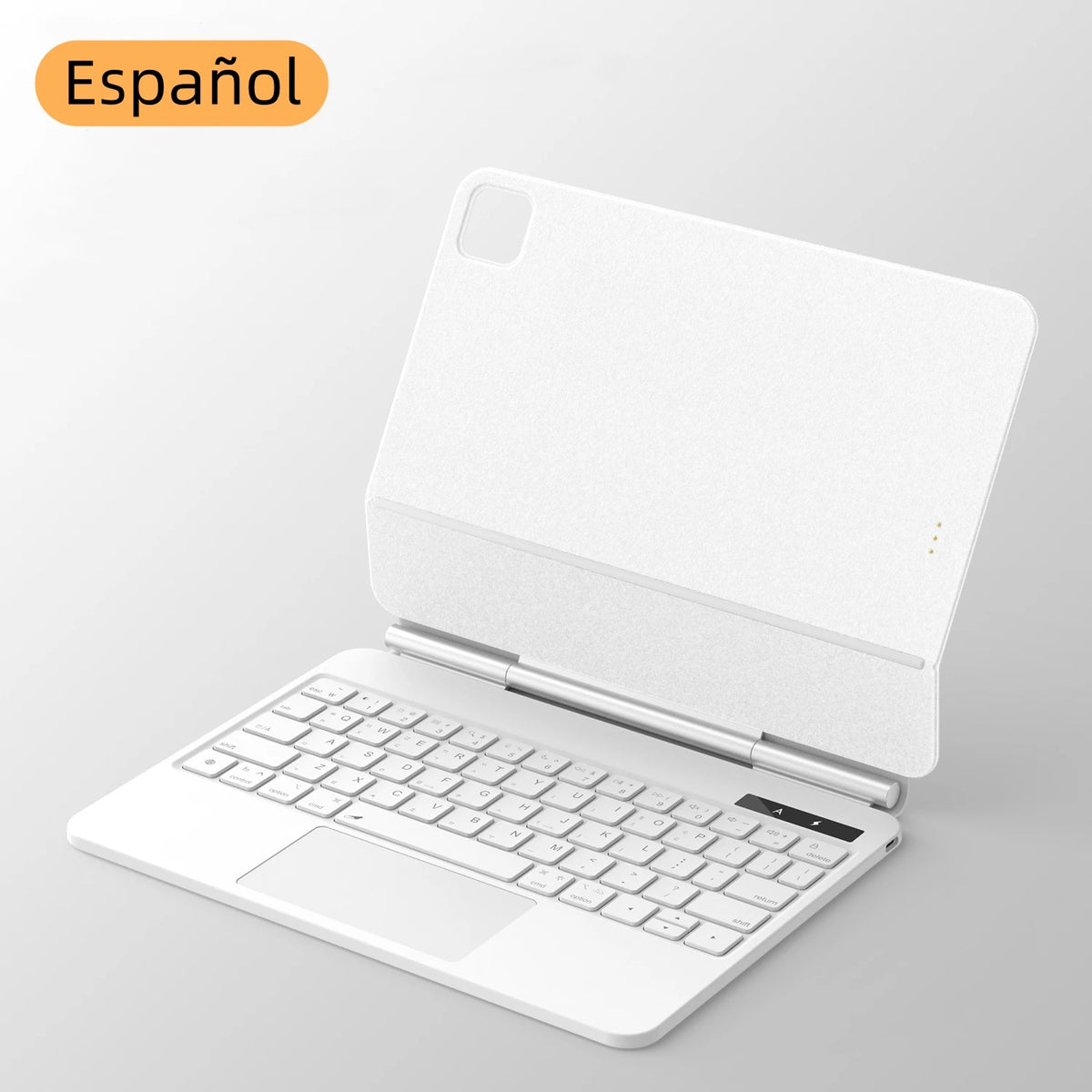 White laptop on a light gray background with 'Español' text in an orange box.