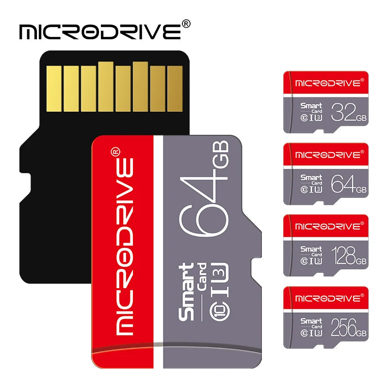Collection of microSD cards with 'microDRIVE' branding on a white background