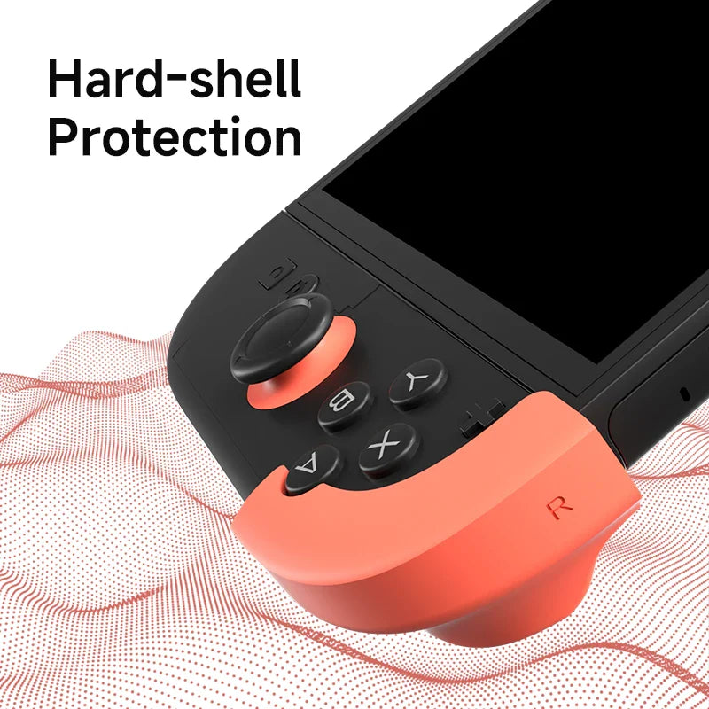 Gaming console with orange and black controller on a white background