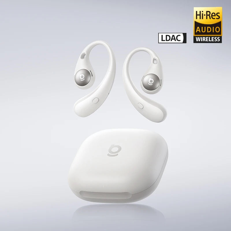 White wireless earbuds with charging case on a light gray background, featuring Hi-Res Audio and LDAC logos.