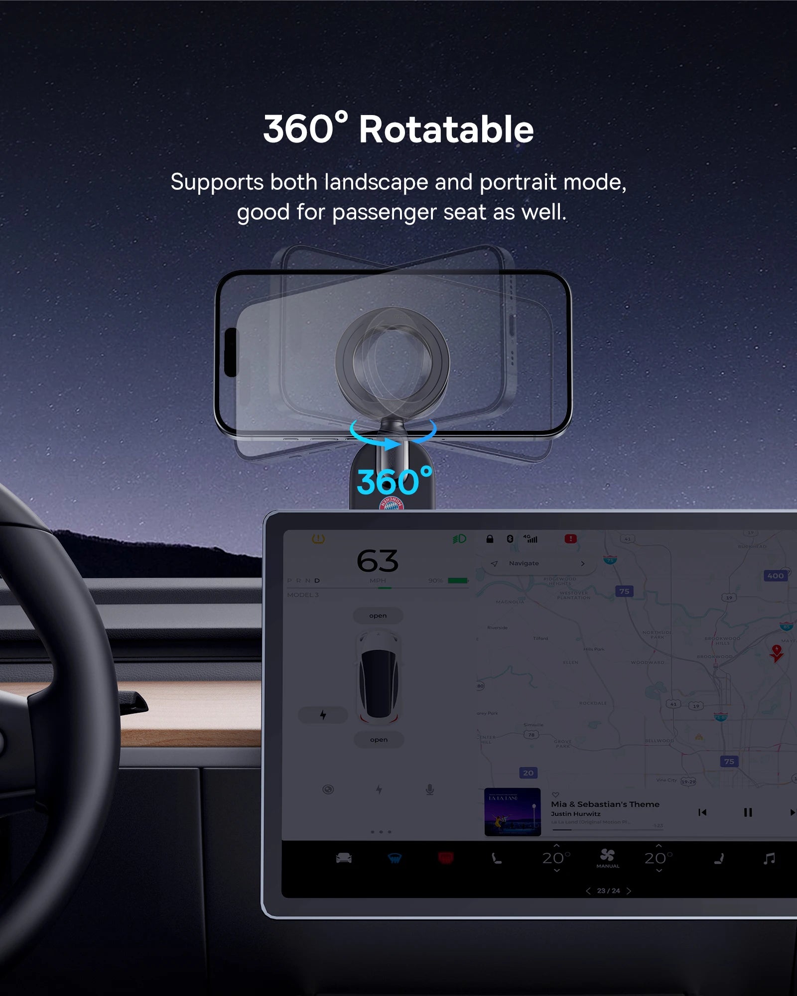 360-degree rotatable phone holder with car interior background