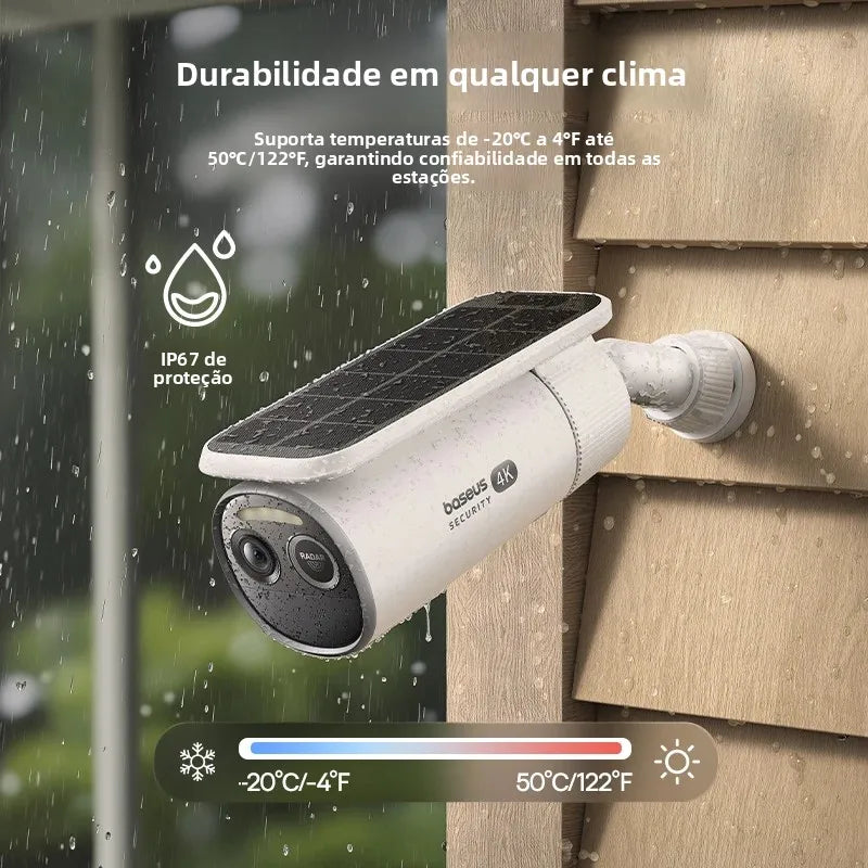 Solar security camera on a wall with weather conditions text