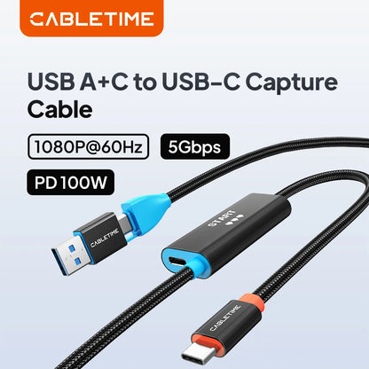 CABLETIME 2-in-1 USB-C Video Capture Cable 1080P 60Hz 100W PD