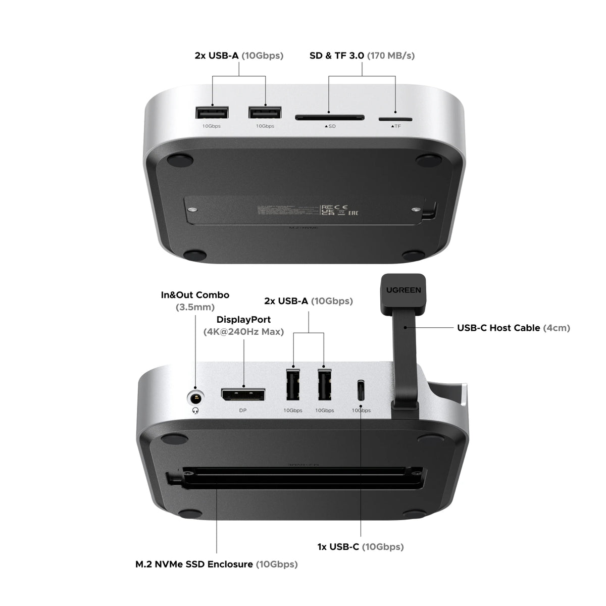 Docking station with various ports and features labeled on a white background