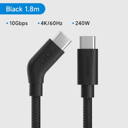 Black USB-C cable with specifications on a gray background