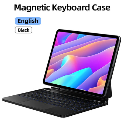Black magnetic keyboard case on a tablet with colorful display