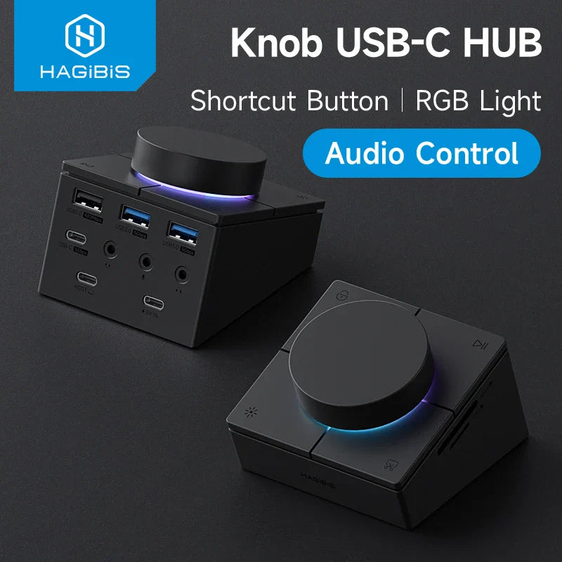 Knob USB-C hub with RGB light and shortcut button on a dark background, featuring the Hagibis brand.