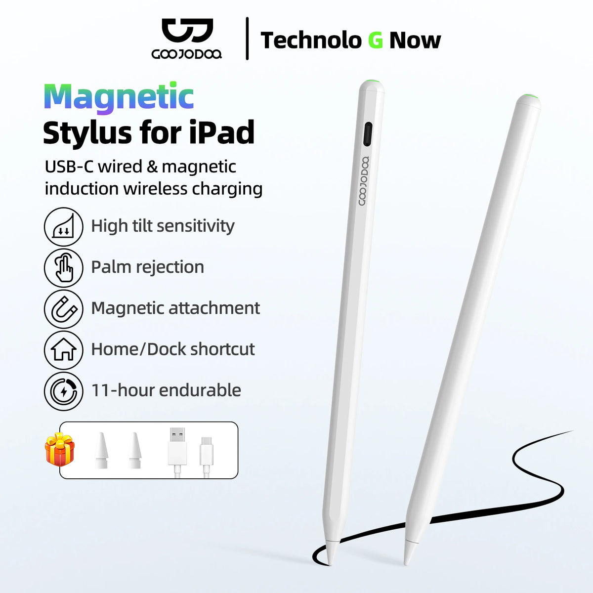 Magnetic stylus for iPad with features listed on a white background
