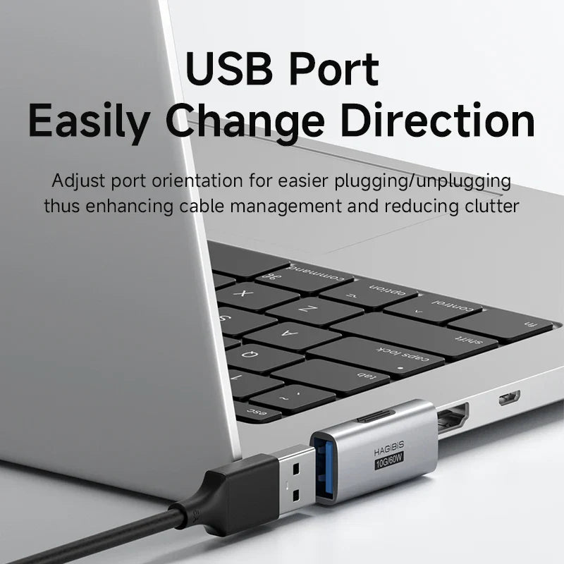 USB hub attached to a laptop with text explaining its features