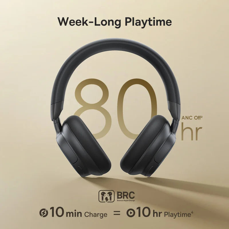 Black headphones with '80 hr' playtime on a beige background, featuring BRC branding.