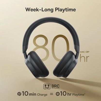 Black headphones with '80 hr' playtime on a beige background, featuring BRC branding.